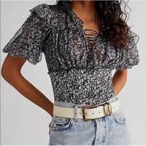 Free people, Beatrice floral, print, smocked top in black-and-white XS